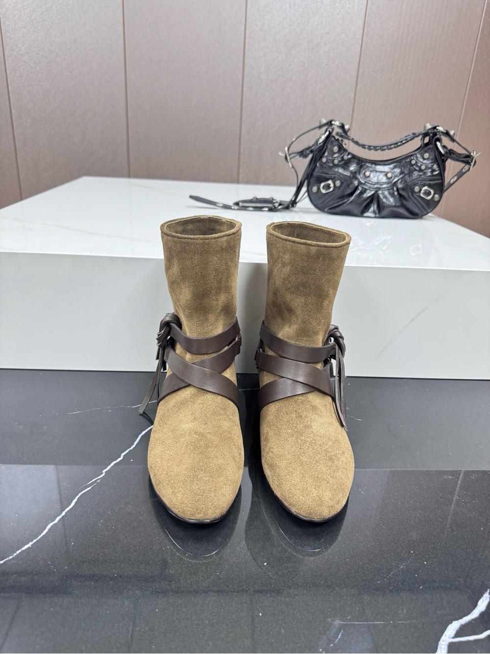 Isabel Marant Olive Suede Ankle Boots with Dark Brown Leather Straps